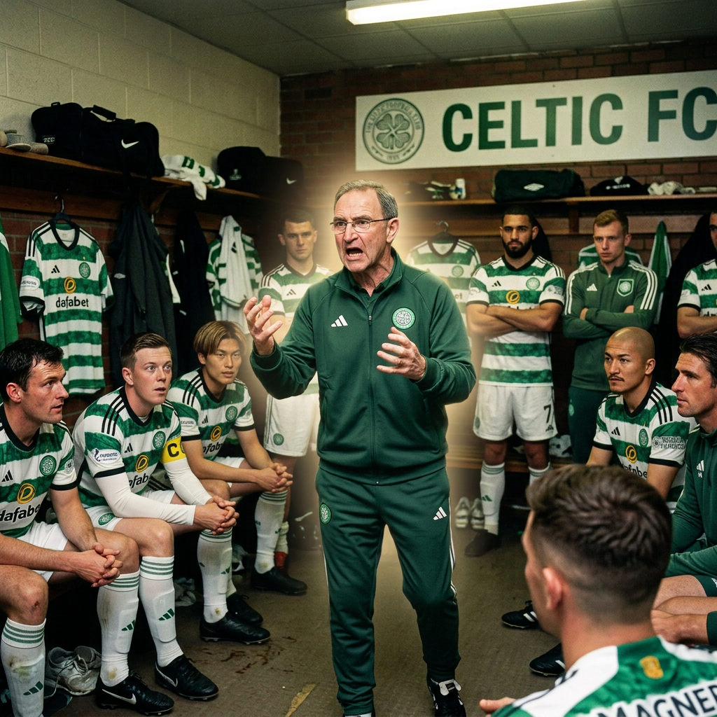 Coach speaking passionately to Celtic football players in a locker room